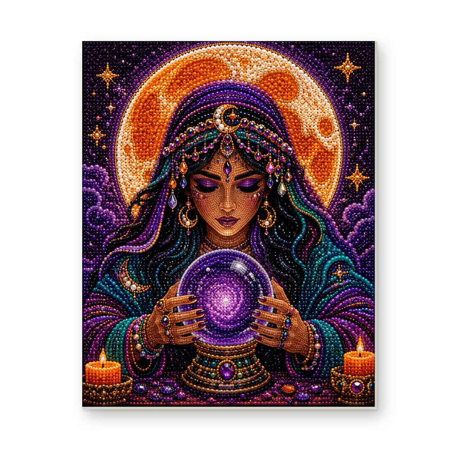 Straight dimensional white-background mockup of the complete artwork — Fortune Teller Gazing into a Purple Crystal Ball. Pearl diamond painting DIY kit by Isuvio.