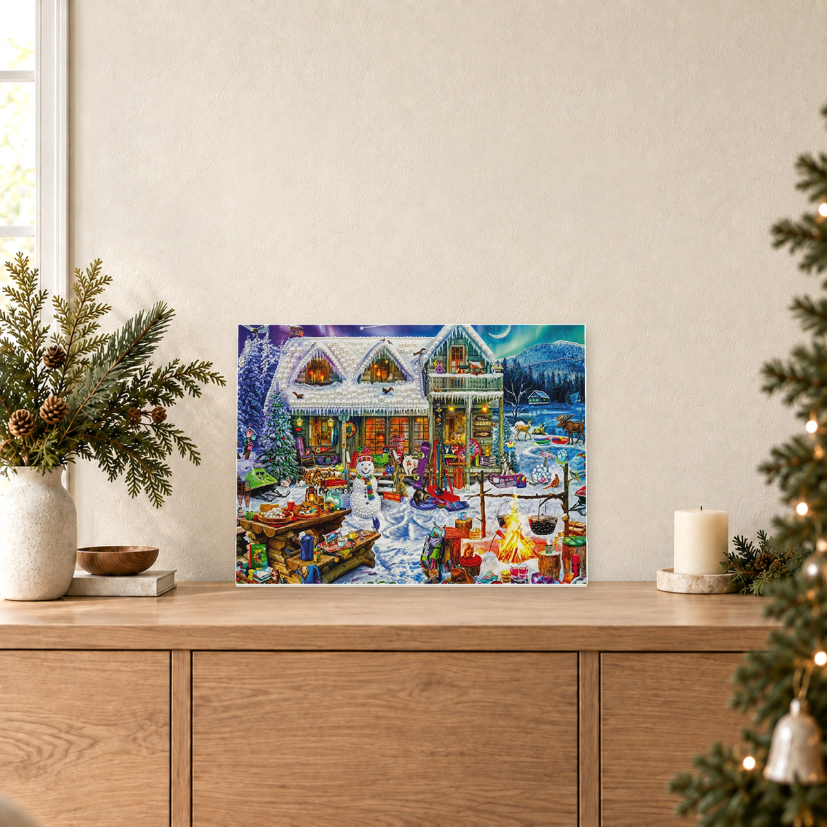 Pueblo nevado con mercado navideño