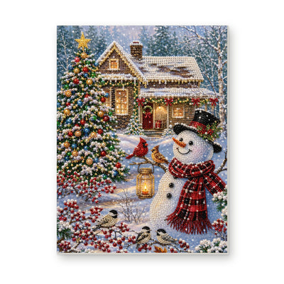 Straight dimensional white-background mockup of the complete artwork — Snowman with Cardinals Outside a Winter Cottage. Pearl diamond painting DIY kit by Isuvio.