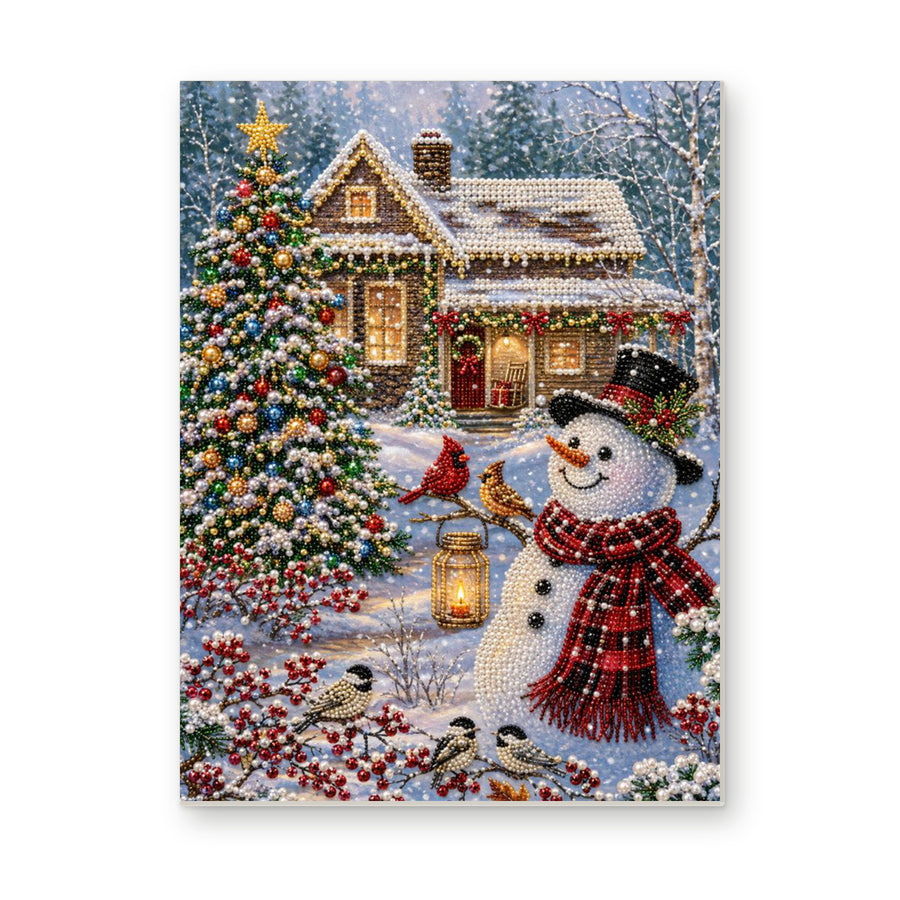 Straight dimensional white-background mockup of the complete artwork — Snowman with Cardinals Outside a Winter Cottage. Pearl diamond painting DIY kit by Isuvio.