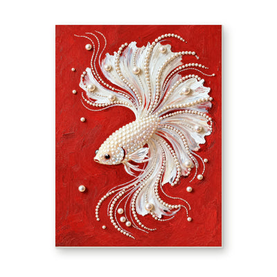 Straight dimensional white-background mockup of the complete artwork — White Pearl Betta on Red. Pearl diamond painting DIY kit by Isuvio.