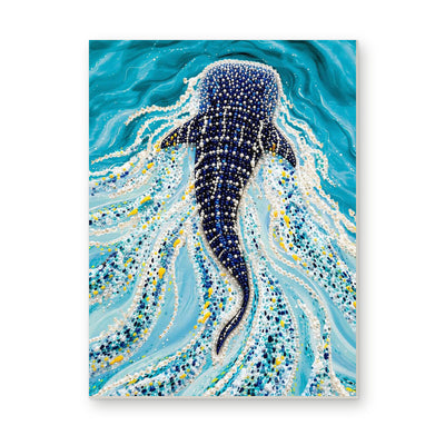 Straight dimensional white-background mockup of the complete artwork — Whale Shark Swimming Through Turquoise Water. Pearl diamond painting DIY kit by Isuvio.
