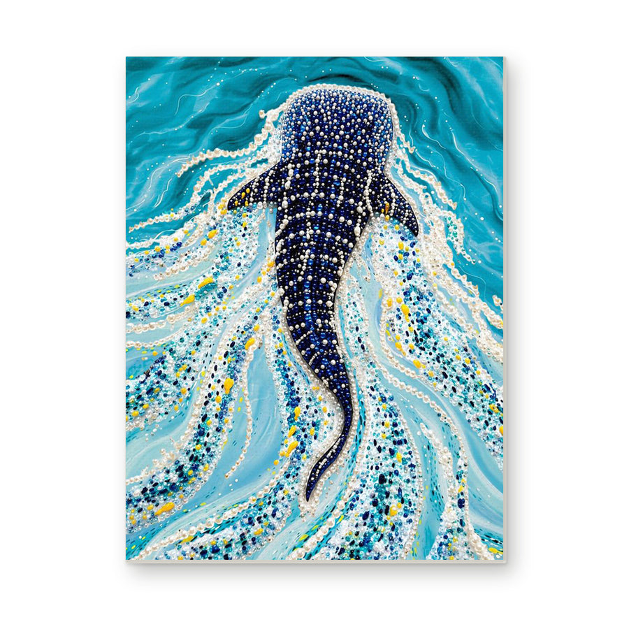 Straight dimensional white-background mockup of the complete artwork — Whale Shark Swimming Through Turquoise Water. Pearl diamond painting DIY kit by Isuvio.