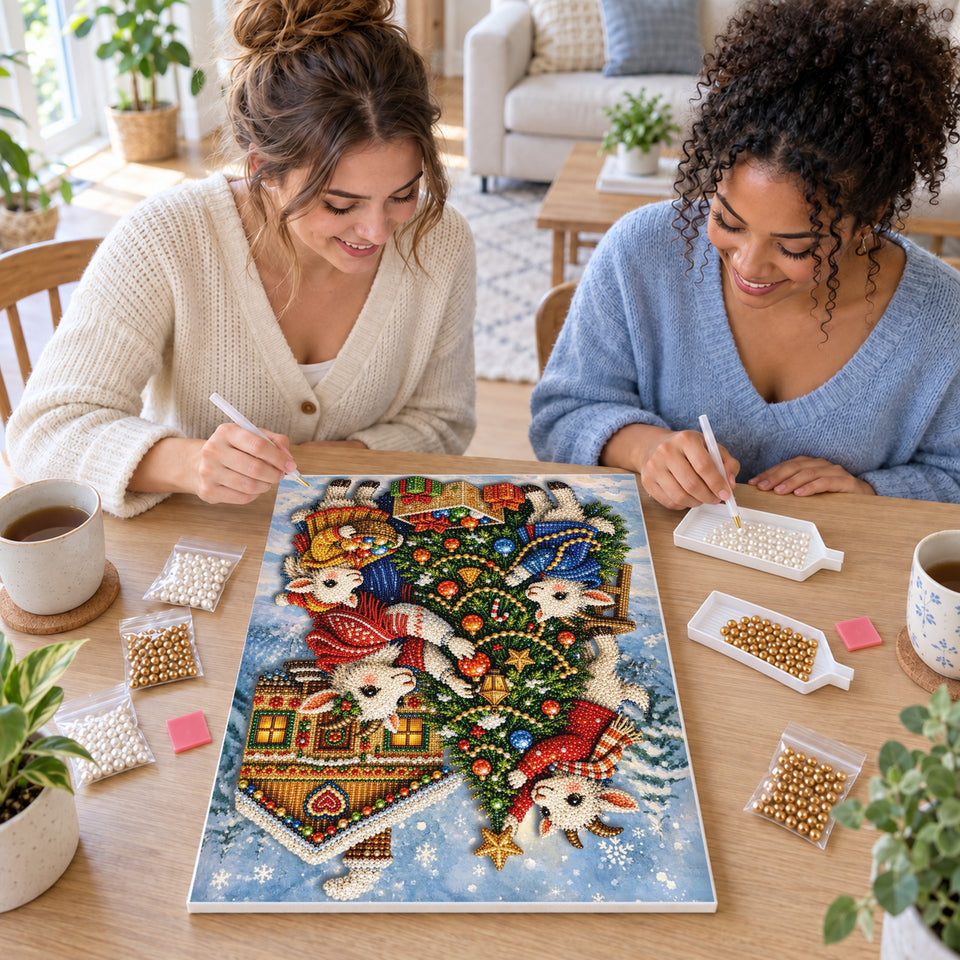 Two friends creating one shared Pearl artwork — Little Lambs Decorating a Christmas Tree. Pearl diamond painting DIY kit by Isuvio.
