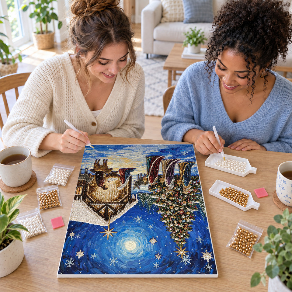 Two friends creating one shared Pearl artwork — Starry Night Nativity Village. Pearl diamond painting DIY kit by Isuvio.
