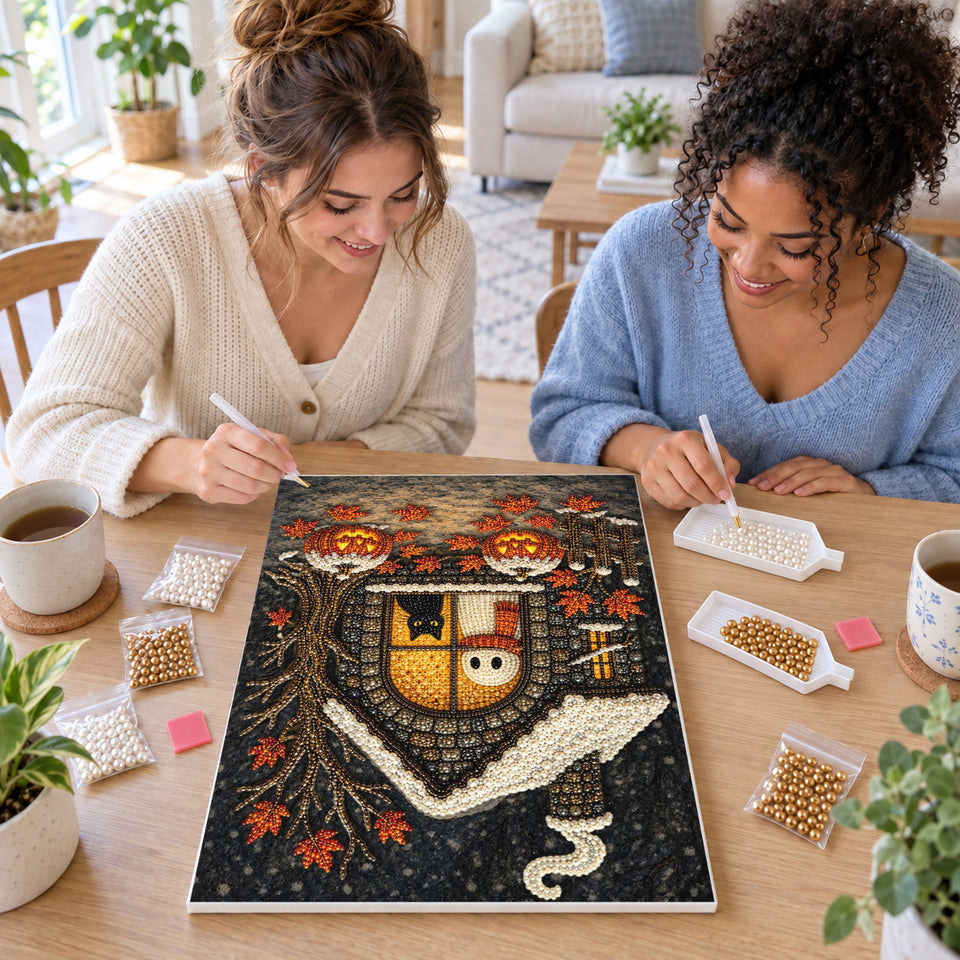 Two friends creating one shared Pearl artwork — Ghost and Black Cat in a Cozy Cottage Window. Pearl diamond painting DIY kit by Isuvio.