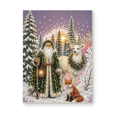 Straight dimensional white-background mockup of the complete artwork — Forest Father Christmas and Fox. Pearl diamond painting DIY kit by Isuvio.