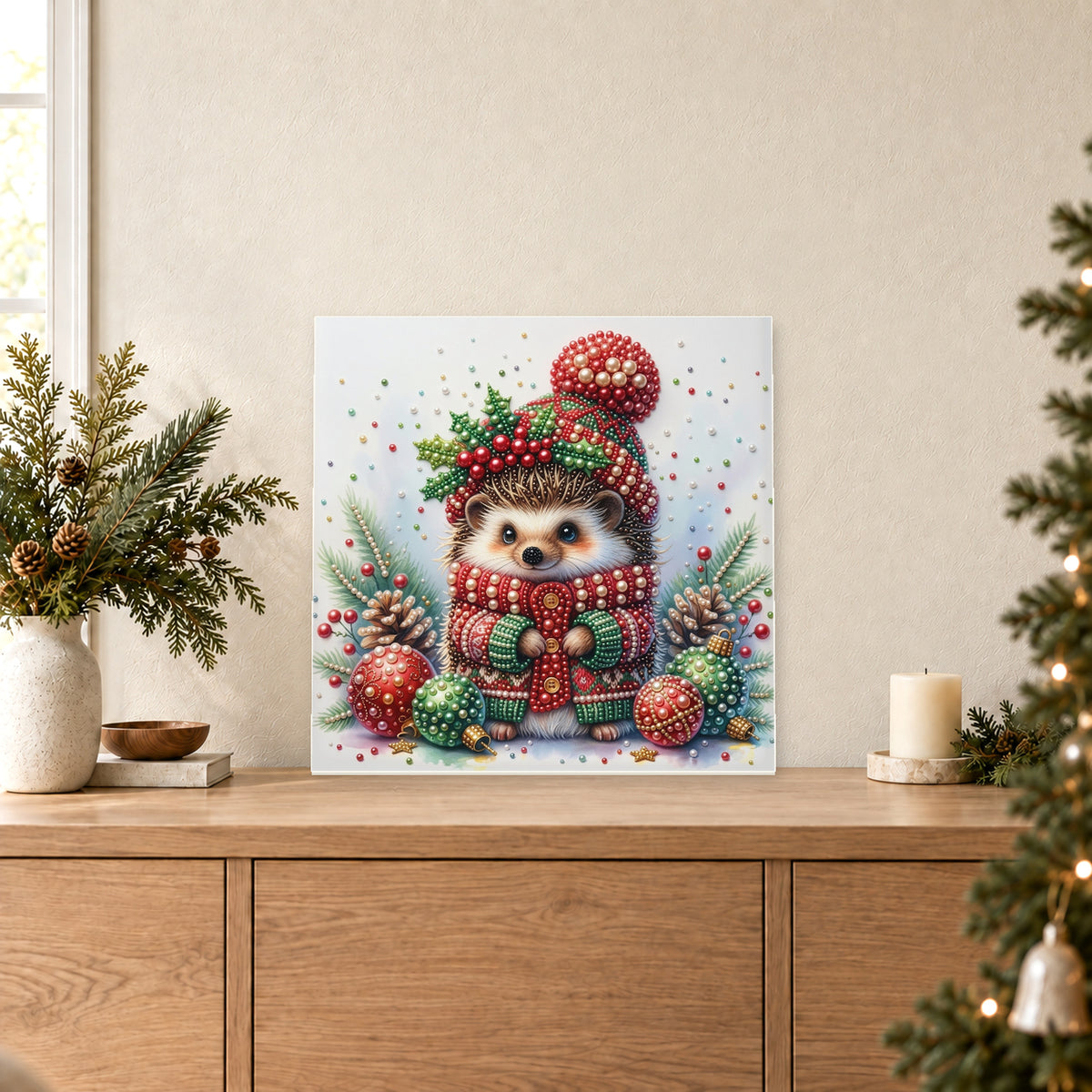 Erizo navideño entre bolas de colores
