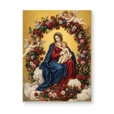Straight dimensional white-background mockup of the complete artwork — Madonna and Child in a Rose Wreath. Pearl diamond painting DIY kit by Isuvio.