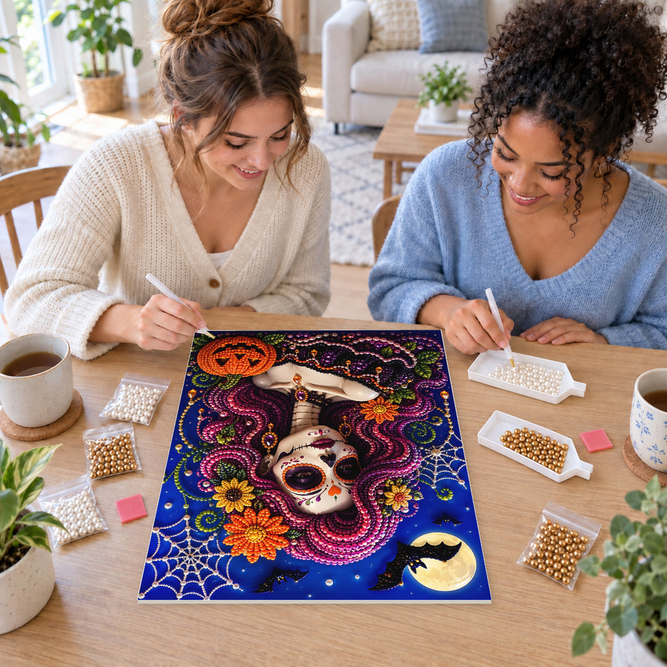 Two friends creating one shared Pearl artwork — Magenta-Haired Sugar Skull Portrait. Pearl diamond painting DIY kit by Isuvio.