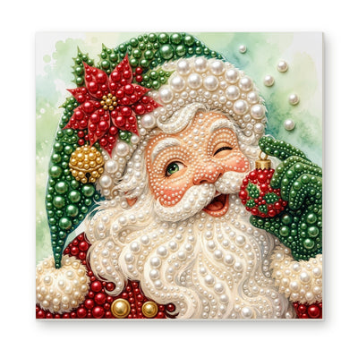 Straight dimensional white-background mockup of the complete artwork — Green-Hatted Santa with a Red Poinsettia. Pearl diamond painting DIY kit by Isuvio.