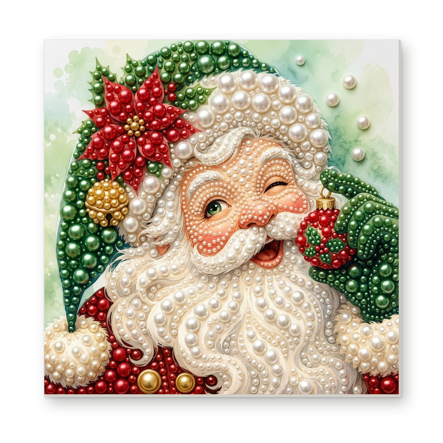 Straight dimensional white-background mockup of the complete artwork — Green-Hatted Santa with a Red Poinsettia. Pearl diamond painting DIY kit by Isuvio.
