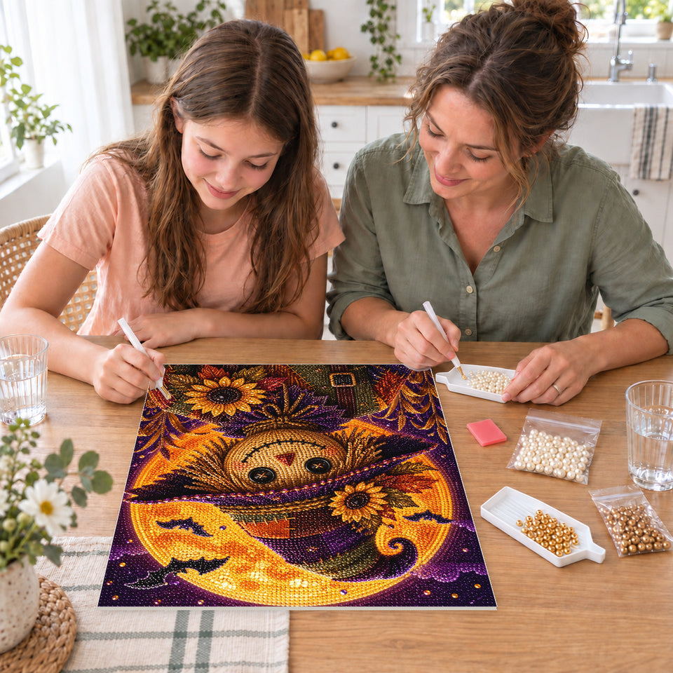 Mother and daughter creating one shared Pearl artwork — Smiling Scarecrow with Sunflowers Under an Orange Moon. Pearl diamond painting DIY kit by Isuvio.