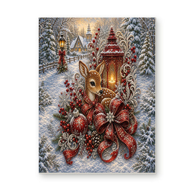 Straight dimensional white-background mockup of the complete artwork — Winter Fawn Beside a Red Christmas Lantern. Pearl diamond painting DIY kit by Isuvio.