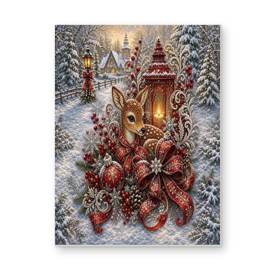 Straight dimensional white-background mockup of the complete artwork — Winter Fawn Beside a Red Christmas Lantern. Pearl diamond painting DIY kit by Isuvio.