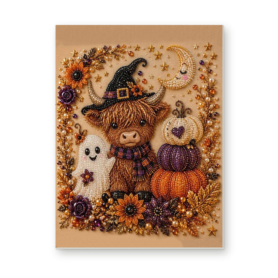 Straight dimensional white-background mockup of the complete artwork — Highland Cow Witch with a Ghost and Pumpkins. Pearl diamond painting DIY kit by Isuvio.