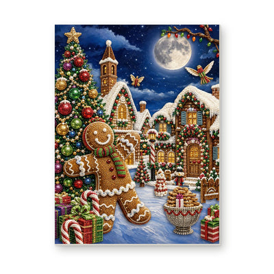 Straight dimensional white-background mockup of the complete artwork — Gingerbread Man in a Moonlit Christmas Village. Pearl diamond painting DIY kit by Isuvio.
