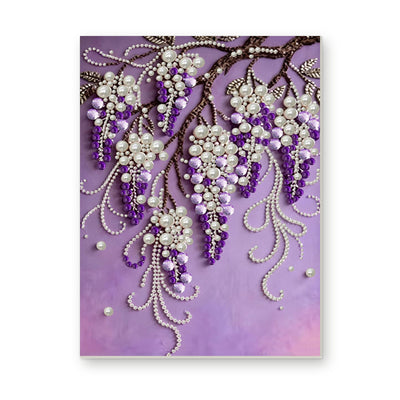 Straight dimensional white-background mockup of the complete artwork — Cascading Purple Blossoms and Pearl Strands. Pearl diamond painting DIY kit by Isuvio.