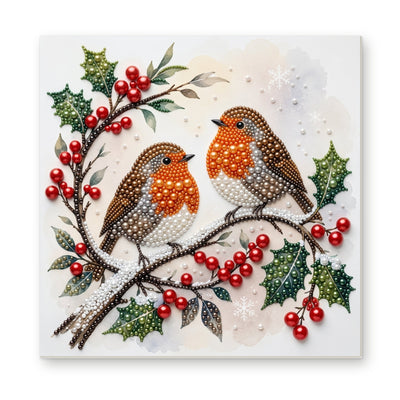 Straight dimensional white-background mockup of the complete artwork — Two Robins on Christmas Holly. Pearl diamond painting DIY kit by Isuvio.