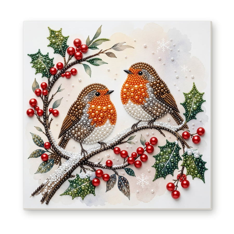 Straight dimensional white-background mockup of the complete artwork — Two Robins on Christmas Holly. Pearl diamond painting DIY kit by Isuvio.