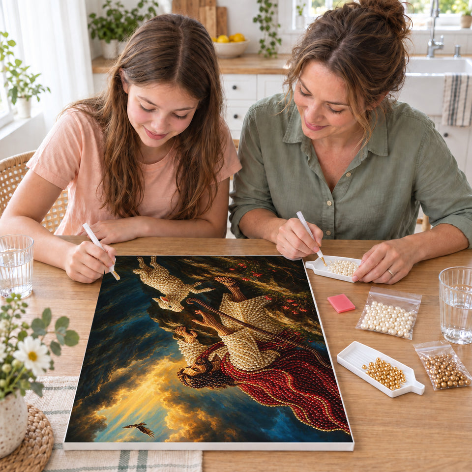 Mother and daughter creating one shared Pearl artwork — Jesus Reaching for a Lamb on a Rocky Ledge. Pearl diamond painting DIY kit by Isuvio.