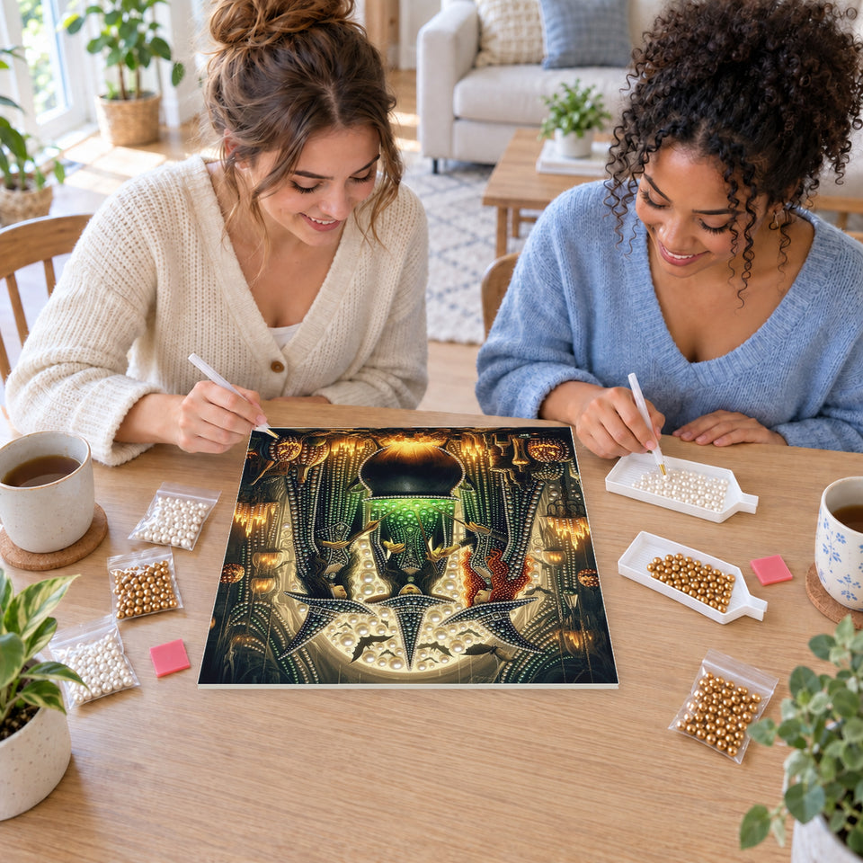 Two friends creating one shared Pearl artwork — Three Witches Around a Glowing Green Cauldron. Pearl diamond painting DIY kit by Isuvio.
