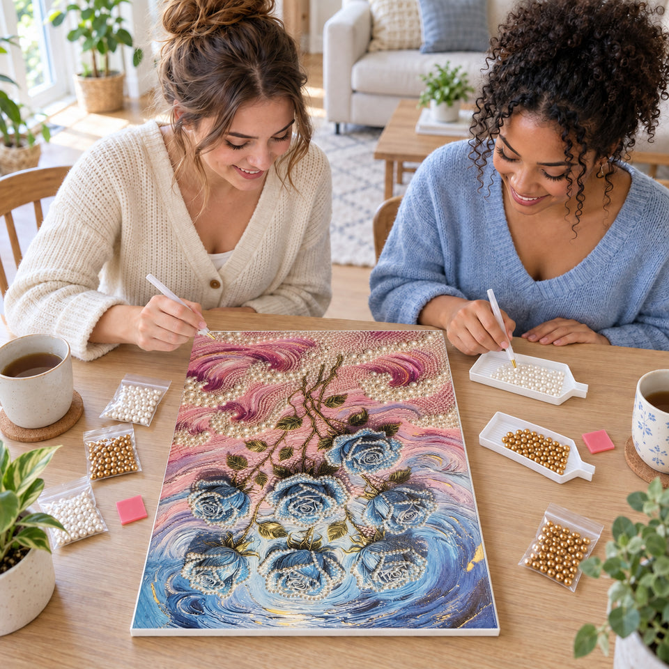 Two friends creating one shared Pearl artwork — Blue Roses Above Pink Pearl Waves. Pearl diamond painting DIY kit by Isuvio.