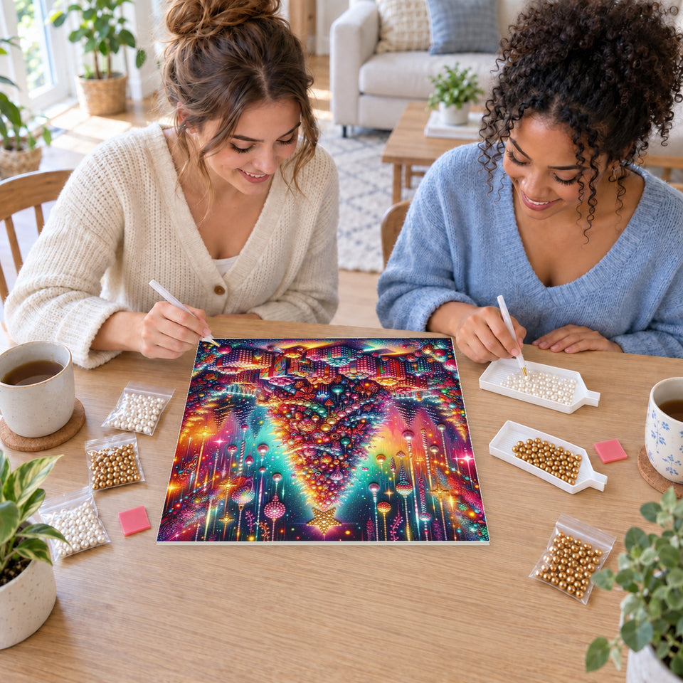 Two friends creating one shared Pearl artwork — Rainbow Christmas Tree on a Starry Night. Pearl diamond painting DIY kit by Isuvio.