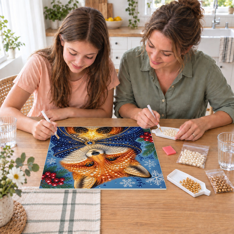 Mother and daughter creating one shared Pearl artwork — Winter Fox in a Blue Cloak with a Golden Star. Pearl diamond painting DIY kit by Isuvio.