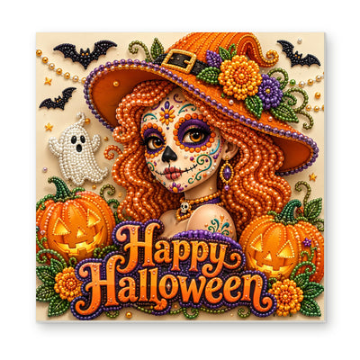 Straight dimensional white-background mockup of the complete artwork — Happy Halloween Sugar Skull Witch. Pearl diamond painting DIY kit by Isuvio.