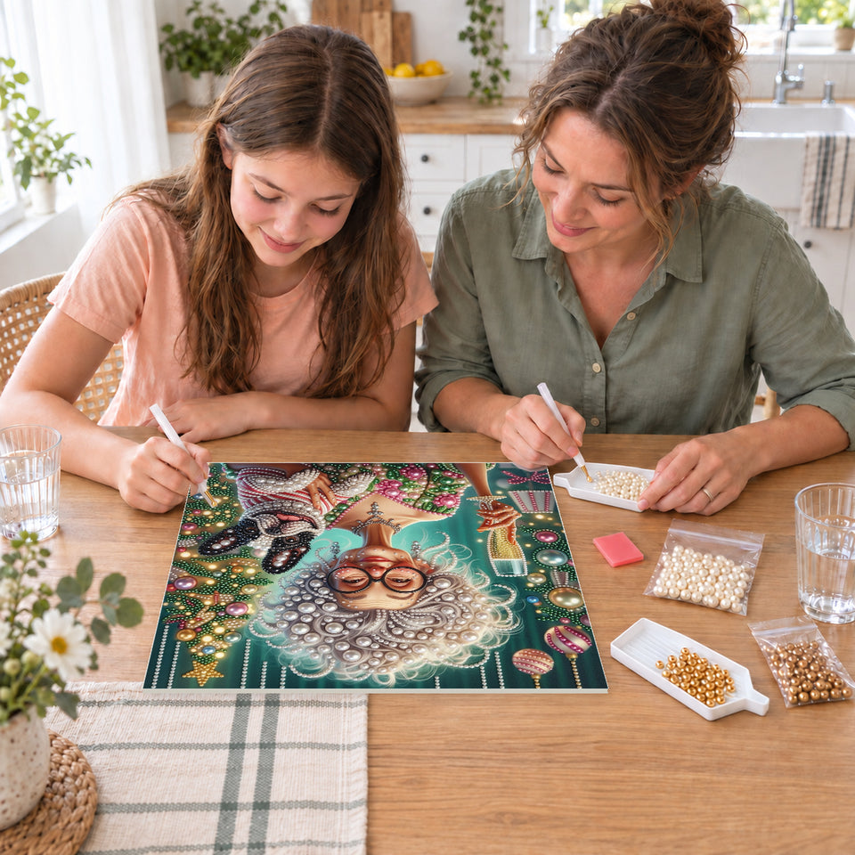 Mother and daughter creating one shared Pearl artwork — Christmas Toast with a French Bulldog. Pearl diamond painting DIY kit by Isuvio.