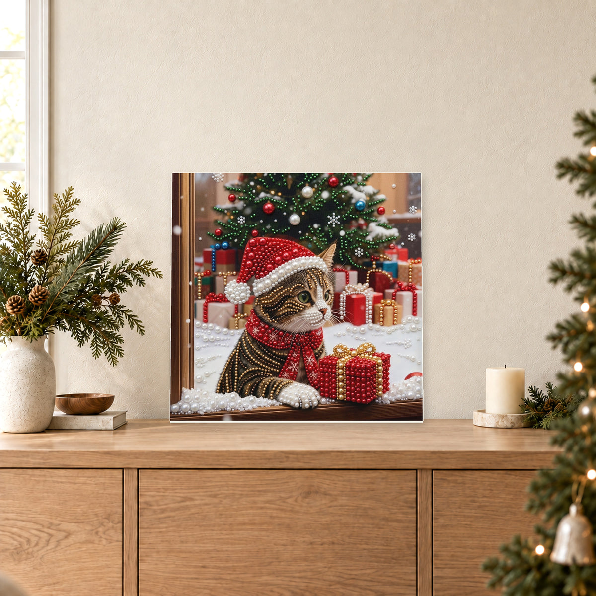 Gatito navideño en el alféizar