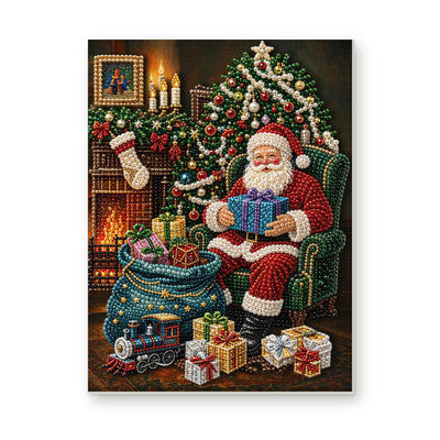Straight dimensional white-background mockup of the complete artwork — Santa by the Christmas Fireplace. Pearl diamond painting DIY kit by Isuvio.