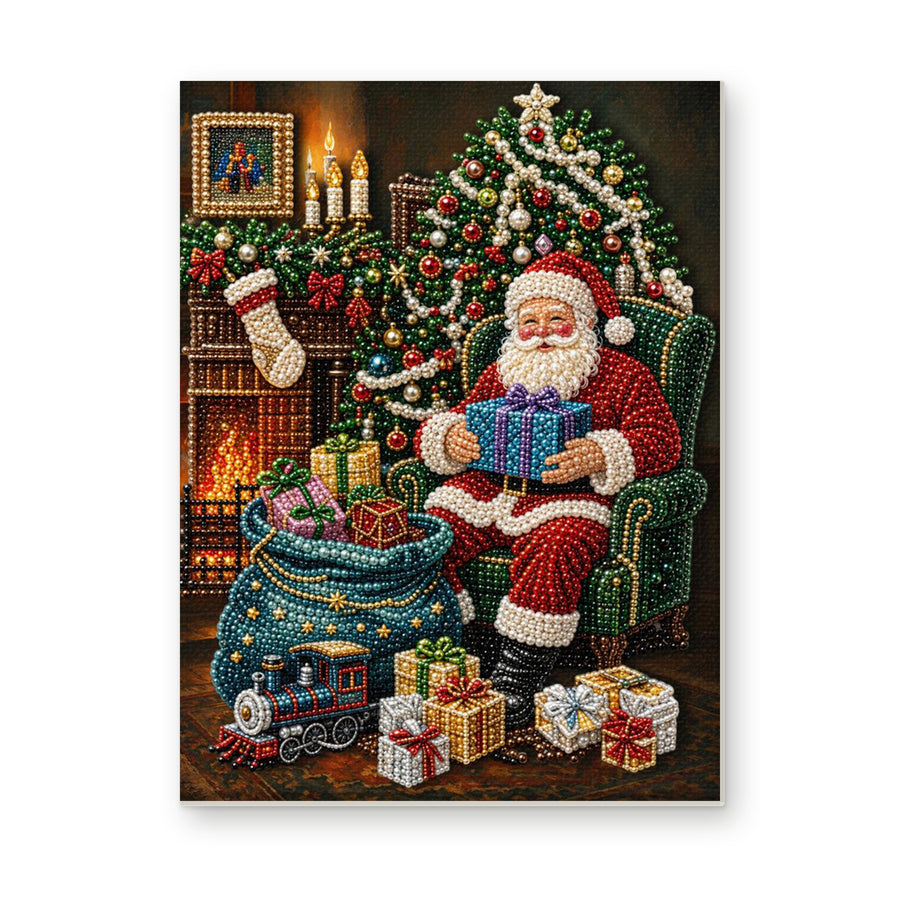 Straight dimensional white-background mockup of the complete artwork — Santa by the Christmas Fireplace. Pearl diamond painting DIY kit by Isuvio.