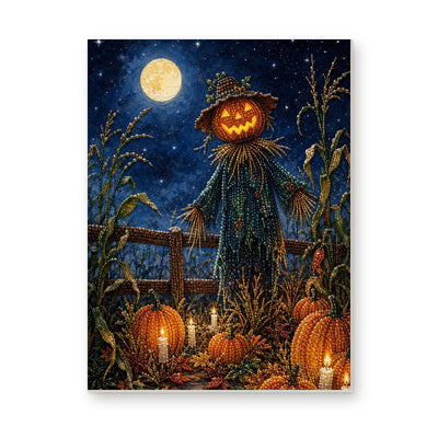 Straight dimensional white-background mockup of the complete artwork — Pumpkin Scarecrow Beneath a Full Moon. Pearl diamond painting DIY kit by Isuvio.