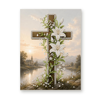 Straight dimensional white-background mockup of the complete artwork — Wooden Cross with White Lilies Beside a River. Pearl diamond painting DIY kit by Isuvio.