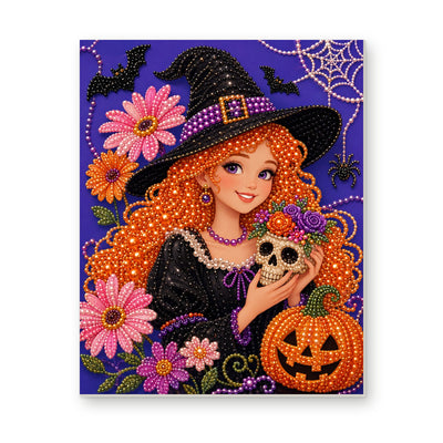 Straight dimensional white-background mockup of the complete artwork — Smiling Red-Haired Witch with a Little Skull. Pearl diamond painting DIY kit by Isuvio.