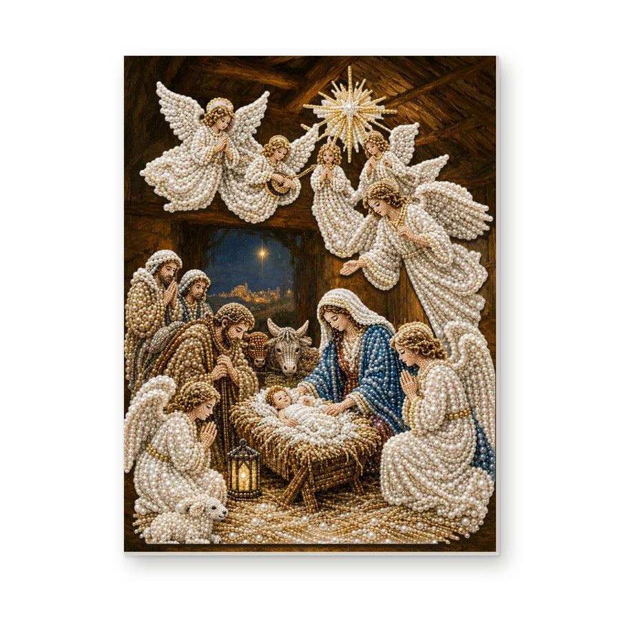 Straight dimensional white-background mockup of the complete artwork — Nativity Scene with Angels and a Guiding Star. Pearl diamond painting DIY kit by Isuvio.