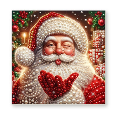 Straight dimensional white-background mockup of the complete artwork — Santa Blowing a Christmas Kiss. Pearl diamond painting DIY kit by Isuvio.