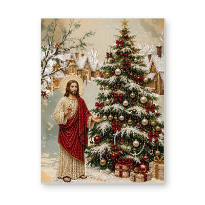 Straight dimensional white-background mockup of the complete artwork — Jesus Beside a Decorated Christmas Tree. Pearl diamond painting DIY kit by Isuvio.