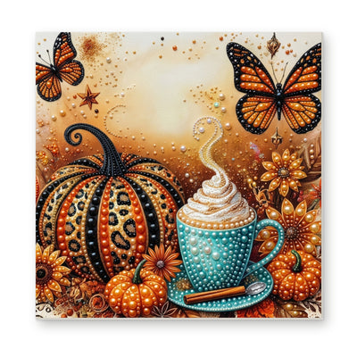 Straight dimensional white-background mockup of the complete artwork — Autumn Pumpkin with a Teal Mug and Butterflies. Pearl diamond painting DIY kit by Isuvio.