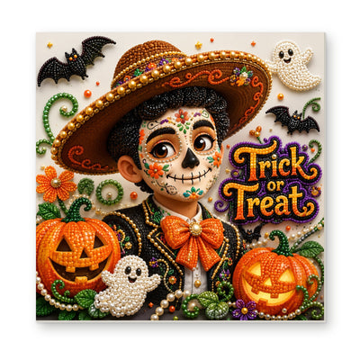 Straight dimensional white-background mockup of the complete artwork — Trick Treat Sugar Skull Gentleman. Pearl diamond painting DIY kit by Isuvio.