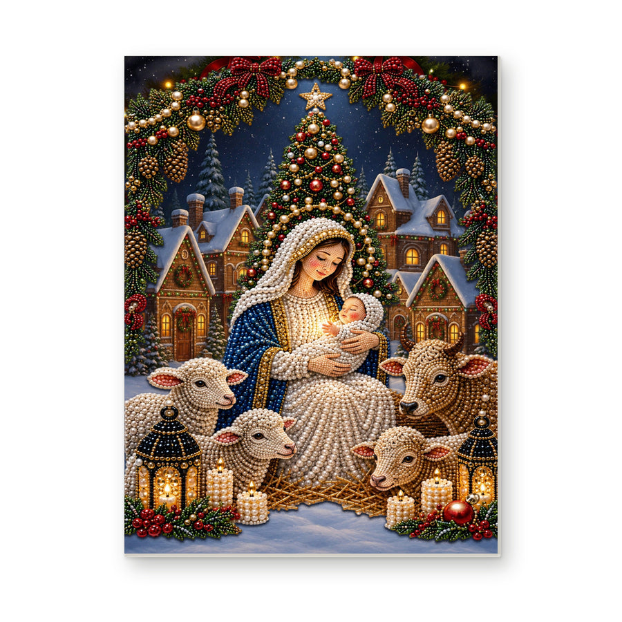 Straight dimensional white-background mockup of the complete artwork — Mary and Baby Jesus in Christmas Village. Pearl diamond painting DIY kit by Isuvio.