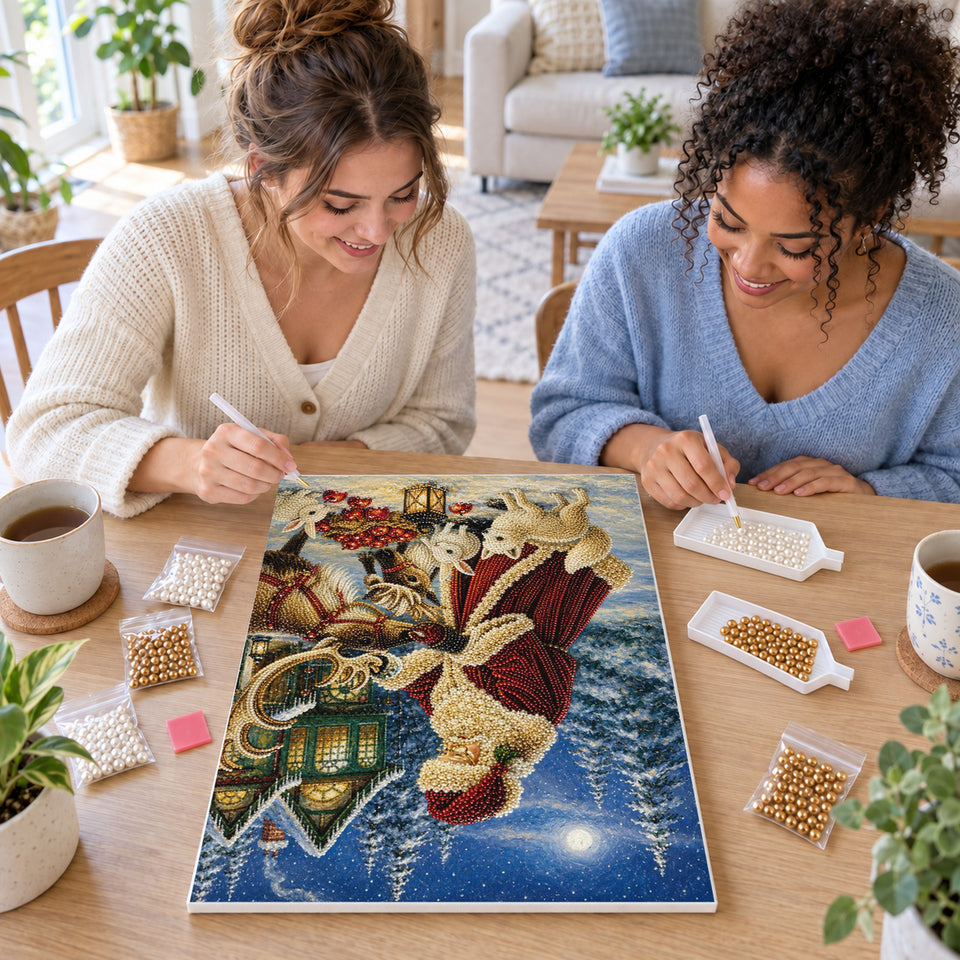 Two friends creating one shared Pearl artwork — Santa with Reindeer and Rabbits by a Snowy House. Pearl diamond painting DIY kit by Isuvio.