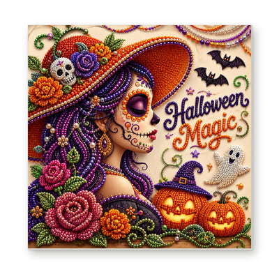 Straight dimensional white-background mockup of the complete artwork — Halloween Magic with a Purple-Haired Witch. Pearl diamond painting DIY kit by Isuvio.
