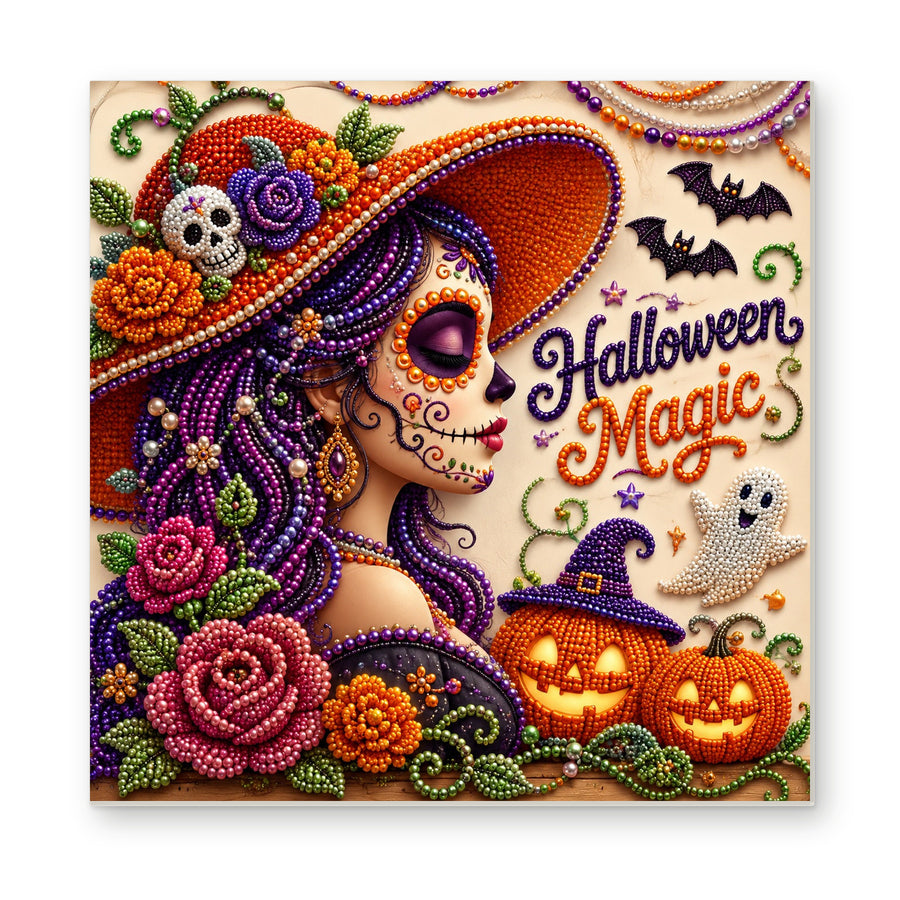Straight dimensional white-background mockup of the complete artwork — Halloween Magic with a Purple-Haired Witch. Pearl diamond painting DIY kit by Isuvio.