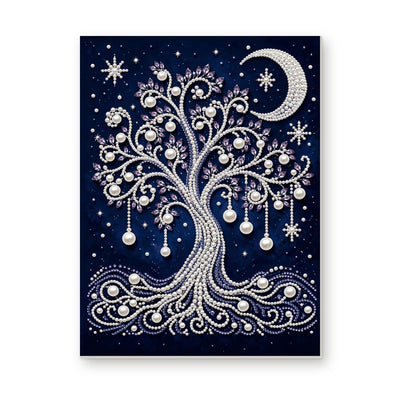Straight dimensional white-background mockup of the complete artwork — Pearl Tree Beneath a Crescent Moon and Stars. Pearl diamond painting DIY kit by Isuvio.