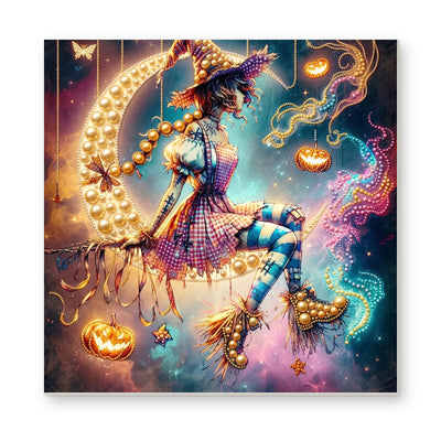 Straight dimensional white-background mockup of the complete artwork — Moonlit Witch with Hanging Pumpkins. Pearl diamond painting DIY kit by Isuvio.