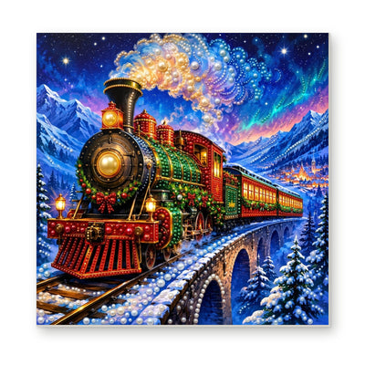 Straight dimensional white-background mockup of the complete artwork — Christmas Train beneath the Northern Lights. Pearl diamond painting DIY kit by Isuvio.