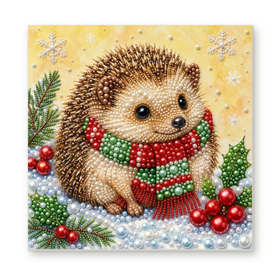 Straight dimensional white-background mockup of the complete artwork — Little Hedgehog in Snowy Holly. Pearl diamond painting DIY kit by Isuvio.